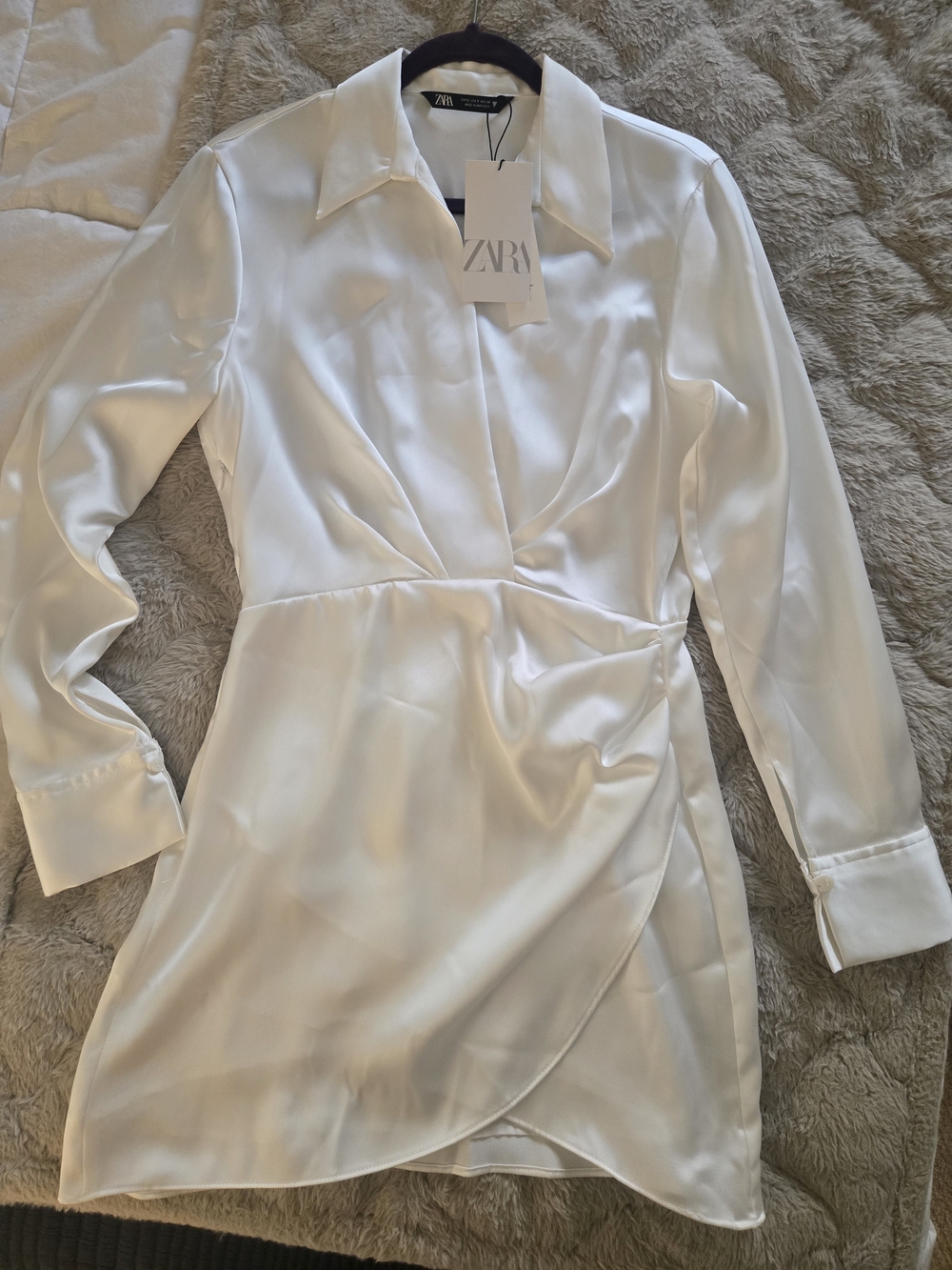 Zara Ivory Satin Wrap-Front Shirt Dress